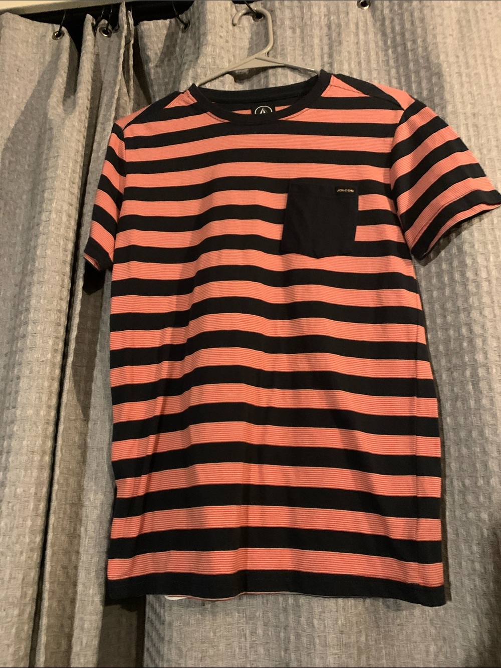 Volcom Black and Coral Striped Pocket Tee